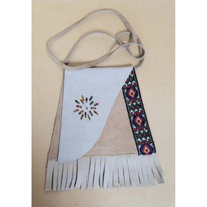 Leather Fringe Bag, Tan, Beaded, X-small